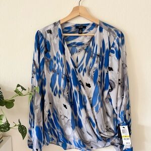 Alfani Abstract Print Surplice Blouse - Blue, Grey & Black - Size 14 (NWT)